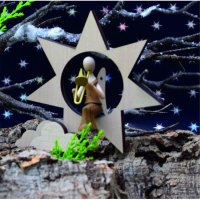 Auslauf 2024! Sternkopf-Engel mini aus Akazienholz mit Posaune im Stern
