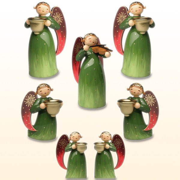 Engel reich bemalt, grün, 7 Figuren im Set