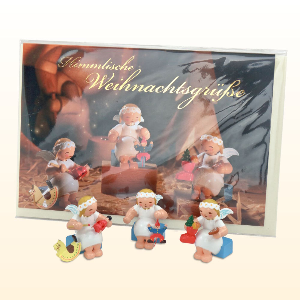 Geschenkeset "Himmlische Weihnachtsgrüße", 3 Figuren mit passender Grußkarte
